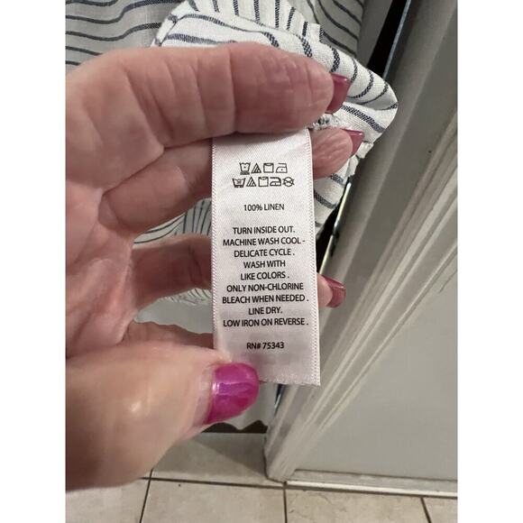 Tahari White Blue Linen Striped Tunic Sz L Boat Neck Drop Waist Peplum - Picture 5 of 6